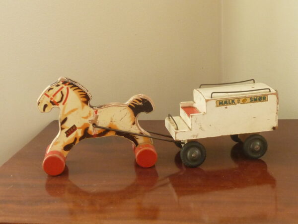 Flot vintage LEGO mælk og smør vogn med hest i træ